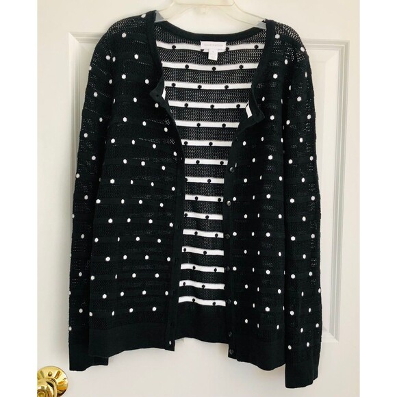 CHARTER CLUB Women's Sweater Cardigan size Medium Black Polka Dot Button Down - Picture 2 of 9